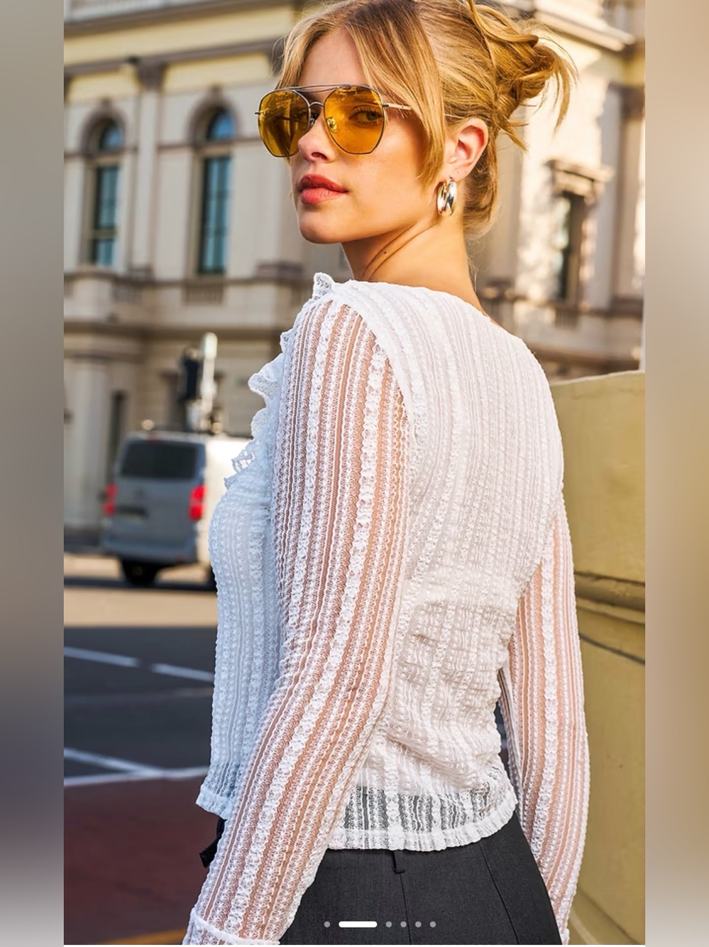 Cupshe White Ruffled V-Neck Sheer Knit Blouse - Picture 2 of 10